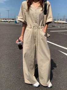 DAZY 女式夏季 V 领短袖抽绳腰连体裤，休闲都市男女通用牛仔连体裤 - 薑色 - 查看 2