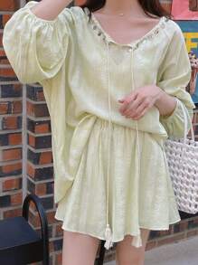 DAZY Ensemble 2 pièces pour femmes, top à manches longues ample avec décor de perles de style bohème et shorts. Tenue décontractée de style vacances, ensemble court pour femmes