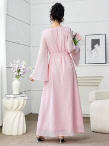 Yasmyna V-Neck Embroidered Floral Beads Ruffle Sleeve Swing Arabic Style Dress, Spring/Summer Pearl Kaftan Kaftan Dress - Pink - View 2