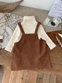 SHEIN LMoss Kids LMoss 女婴可爱粉色灯芯绒连体衣，适合秋冬季 - 棕色 - 查看 2