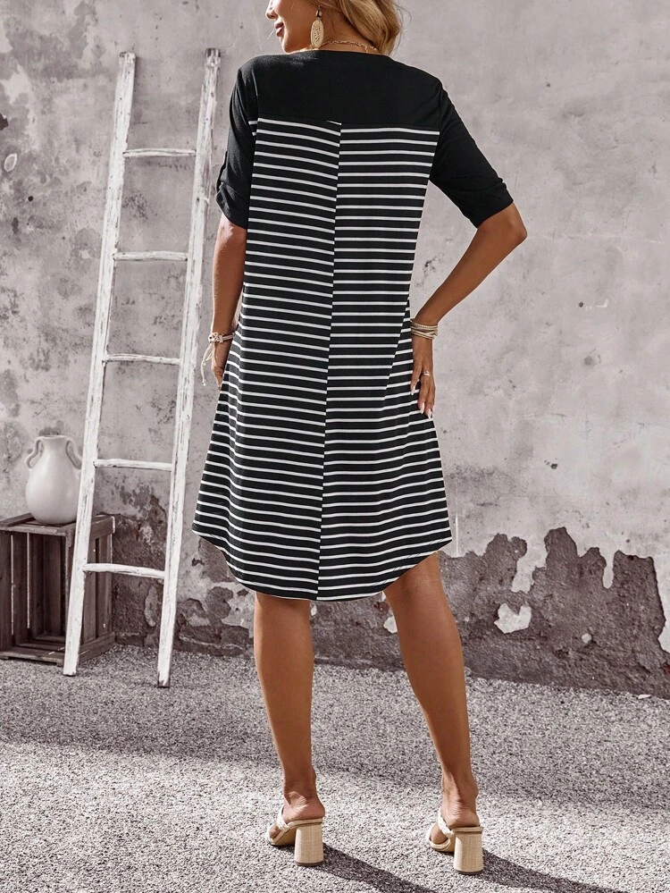 Women's Summer Striped V-Neck Rolled Sleeve Casual Mid-Length Dress Summer Dresses For Women