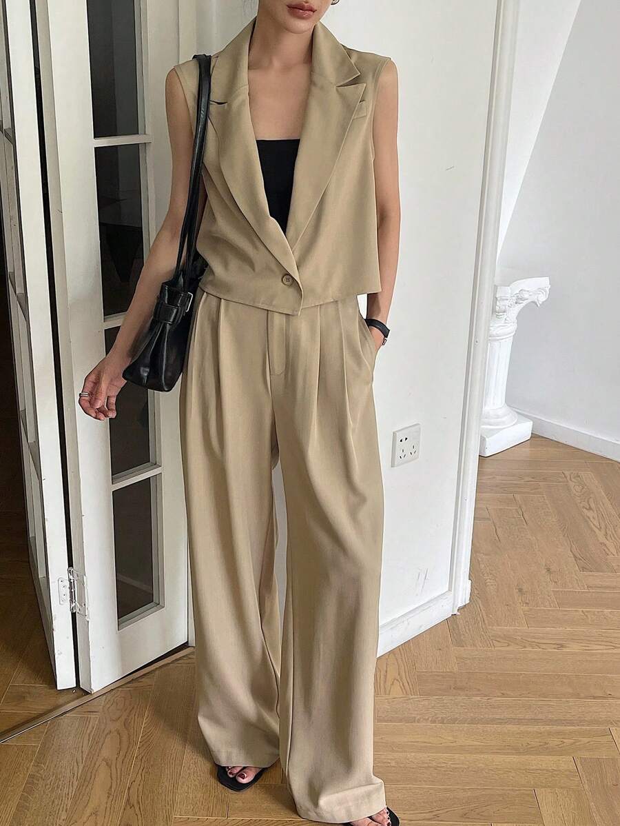 Livesso Women's Summer Sleeveless Collared Top And Loose Pants Two Pieces Set - Khaki - View 1