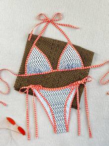 SHEIN 全新 2 件套条纹扭纹侧高开叉丁字裤比基尼套装，女士沙滩度假泳装 - 彩色 - 查看 1