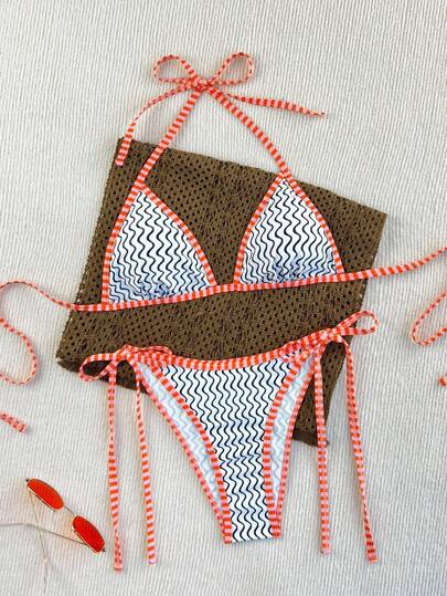 SHEIN 全新 2 件套条纹扭纹侧高开叉丁字裤比基尼套装，女士沙滩度假泳装