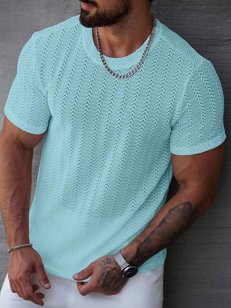 Manfinity Homme 男士夏季圆领短袖休闲麦穗图案T恤，百搭浅蓝色上衣男士淡蓝色上衣男士夏季上衣网眼男士上衣男士钩针衬衫 - 薄荷藍 - 查看 1