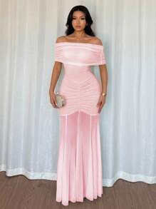 Chiquease Women Off Shoulder Mesh Patchwork Mature Charm Fitted Dress, Spring/Summer - Pink - View 7