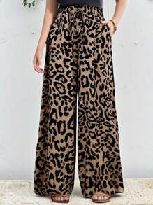 SHEIN 少女雪纺阔腿豹纹裤，休闲优雅，适合度假、休闲和百搭 - 彩色 - 查看 8