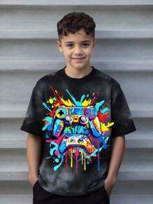 青少年男孩休闲简约卡通游戏图案圆领短袖T恤，适合夏季 - 彩色 - 查看 2