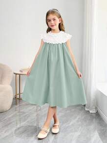 SHEIN Tween-Mädchen Ärmelloses Lässig Kleid in A-Linie mit Farbblock-Muster und Rüschenbesatz