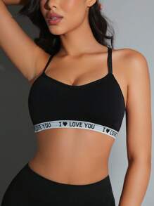 SHEIN 1 件女士字母提花无缝工字背心文胸 - 黑色 - 查看 4
