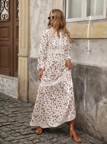 Brillora 女式 V 领荷叶边灯笼袖 A 字休闲豹纹连衣裙，秋冬款 - 彩色 - 查看 3