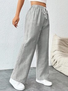 SHEIN PETITE Women's Tie Waist Pinstripe Straight Leg Pants - Khaki - View 4