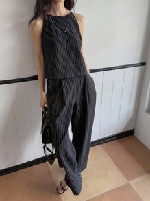 DAZY 女士夏季条纹露背背心和裤子两件套休闲套装 - 黑色 - 查看 4