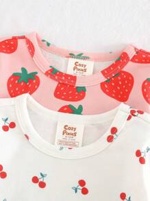 Cozy Pixies Conjunto de pijama de 4 piezas con ajuste ceñido para niña bebé: Top de punto suave con estampado de fresa y pantalón largo con cintura elástica