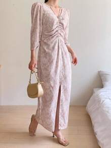 DAZY Women Floral Print Pleated Puff Sleeve Split Hem Midi Dress