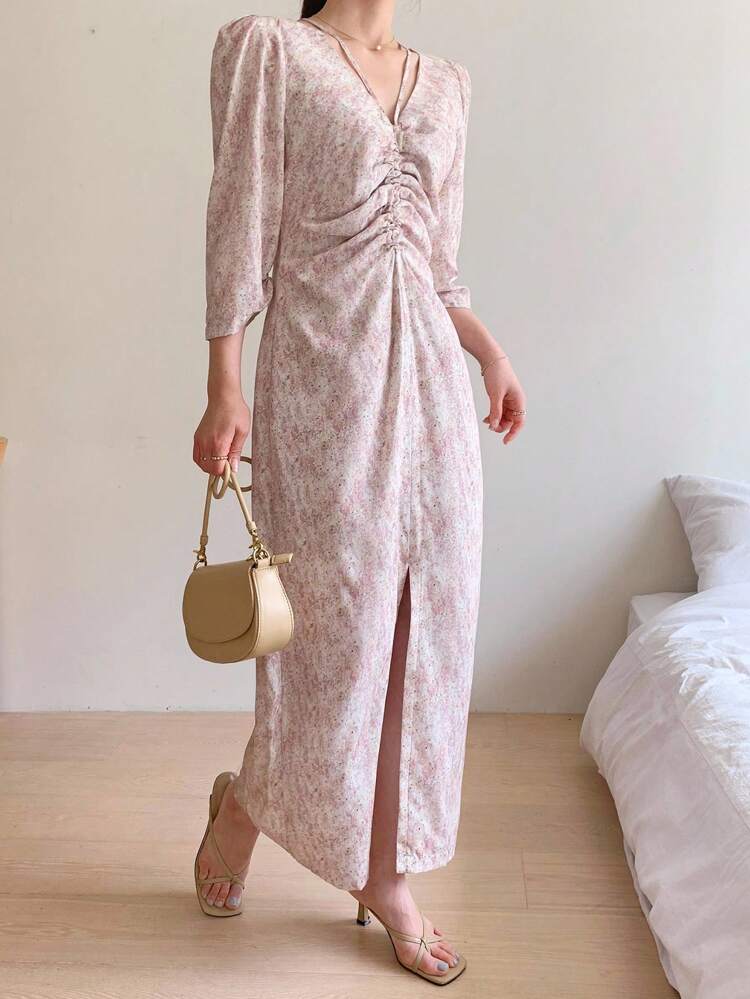 Women Floral Print Pleated Puff Sleeve Split Hem Midi Dress