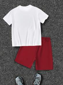 Conjunto de camiseta y pantalones cortos de moda casual para niños con estampado de logotipo de silueta de rostro de dibujo animado, para verano