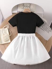 SHEIN 青少年女孩优雅淑女花卉 3D 装饰圆领短袖 T 恤 + 纯色迷你裙套装