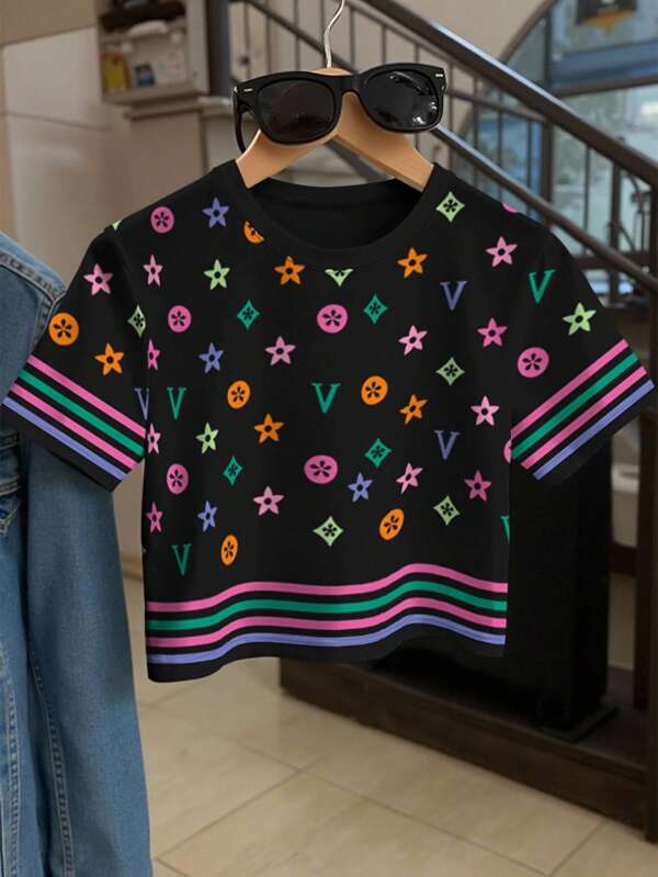 INAWLY Modisches gestreiftes Muster Rundhals Kurz-Stil Lässig T-Shirt für Frauen, Sommer