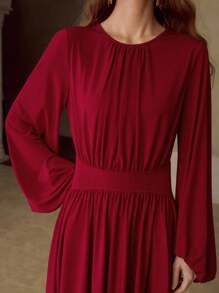 MOTF PREMIUM WOMEN'S LONG KNIT GATHERED LANTERN SLEEVE MIDI DRESS - Red - View 2