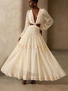 Aveloria Rosie French Romantic Heavy Lace Decor Exposed Waist Dress, Chiffon Lightweight Elegant Flared Skirt Long Sleeve Women Long Dress