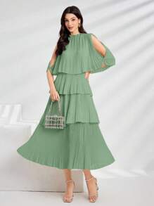 Modelyn Vestido largo de noche con hombros descubiertos de unicolor y manga corta para mujer