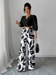 Elenzga 2 件套女士优雅浪漫泡泡袖度假上衣和花卉印花阔腿裤套装 - 黑色 - 查看 7