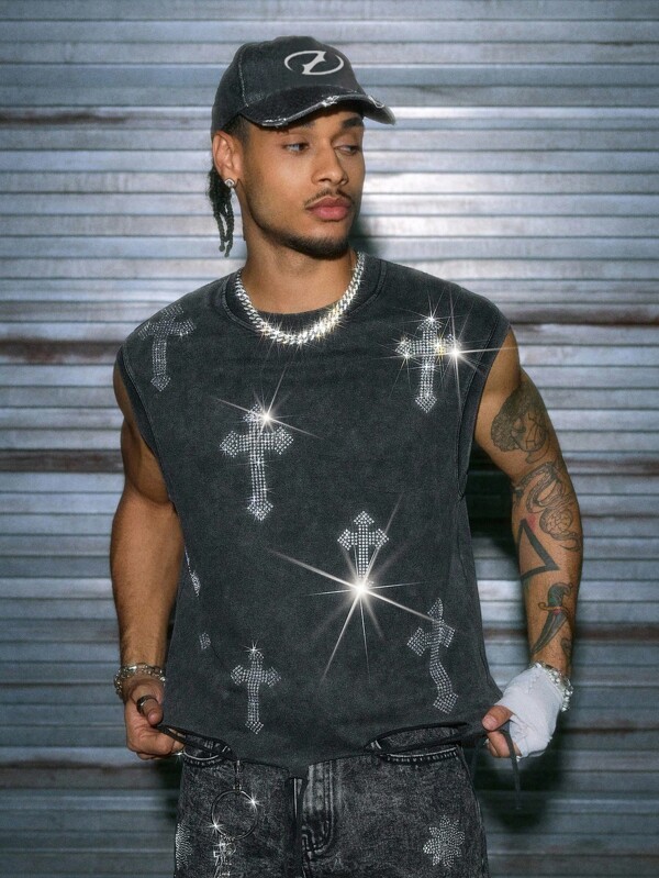 AXEPEAK Men's Casual Black Singlet With Distressed Edges And Rhinestone Details, Summer