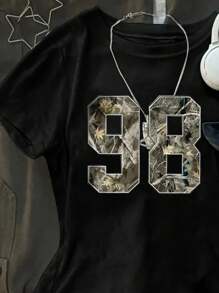 少女街头时尚数字 98 印花短袖 T 恤，适合夏季 - 黑色 - 查看 3