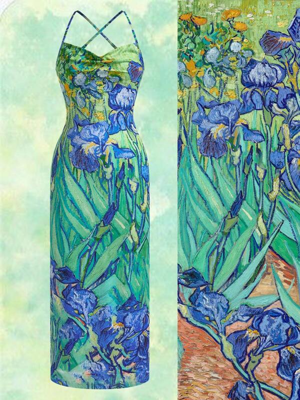 SHEIN Touch of Art Van Gogh Iris, Women's Long Dress, Swing Neck Dress, Halter Dress, Backless, Slits, Blue, Green, Oil Painting Pattern, Sexy, High Elastic Retro Pattern, Vacation, Summer