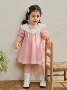 Blossori Baby Girls Country Vacation Colorblock Collar Floral Embroidered Puff Sleeve Dress - Multicolor - View 6