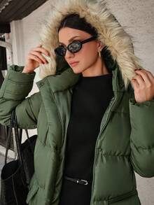 CLARA VERO Casual Style, Premium Quality, Fur Detailed Long Line Bonded Winter Coat - Khaki - View 4