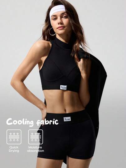 Fluxe Movishi Quick Dry & Cooling Fabric 2pcs/Set Women Solid Color Knit Crop Camisole Top And High Waist Tight Shorts Activewear Set