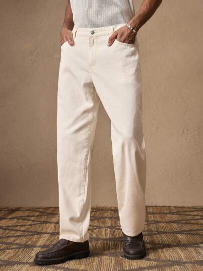 AKNOTIC Pantalones casuales sueltos de pierna recta de unicolor con cintura elástica para hombres, pantalones vaqueros blancos holgados, pantalones crema, pantalones vaqueros blancos holgados para hombres, pantalones vaqueros holgados para hombres, pantalones vaqueros crema