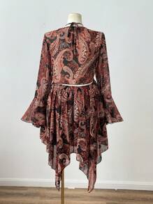 Flirla 节日、波西米亚风、嬉皮士风、牛仔装、新设计感老钱风、西部风、度假风、性感透视V领细肩带修身雪纺连衣裙，搭配长喇叭袖耸肩两件套西部风情装、夏季女装 - 彩色 - 查看 2