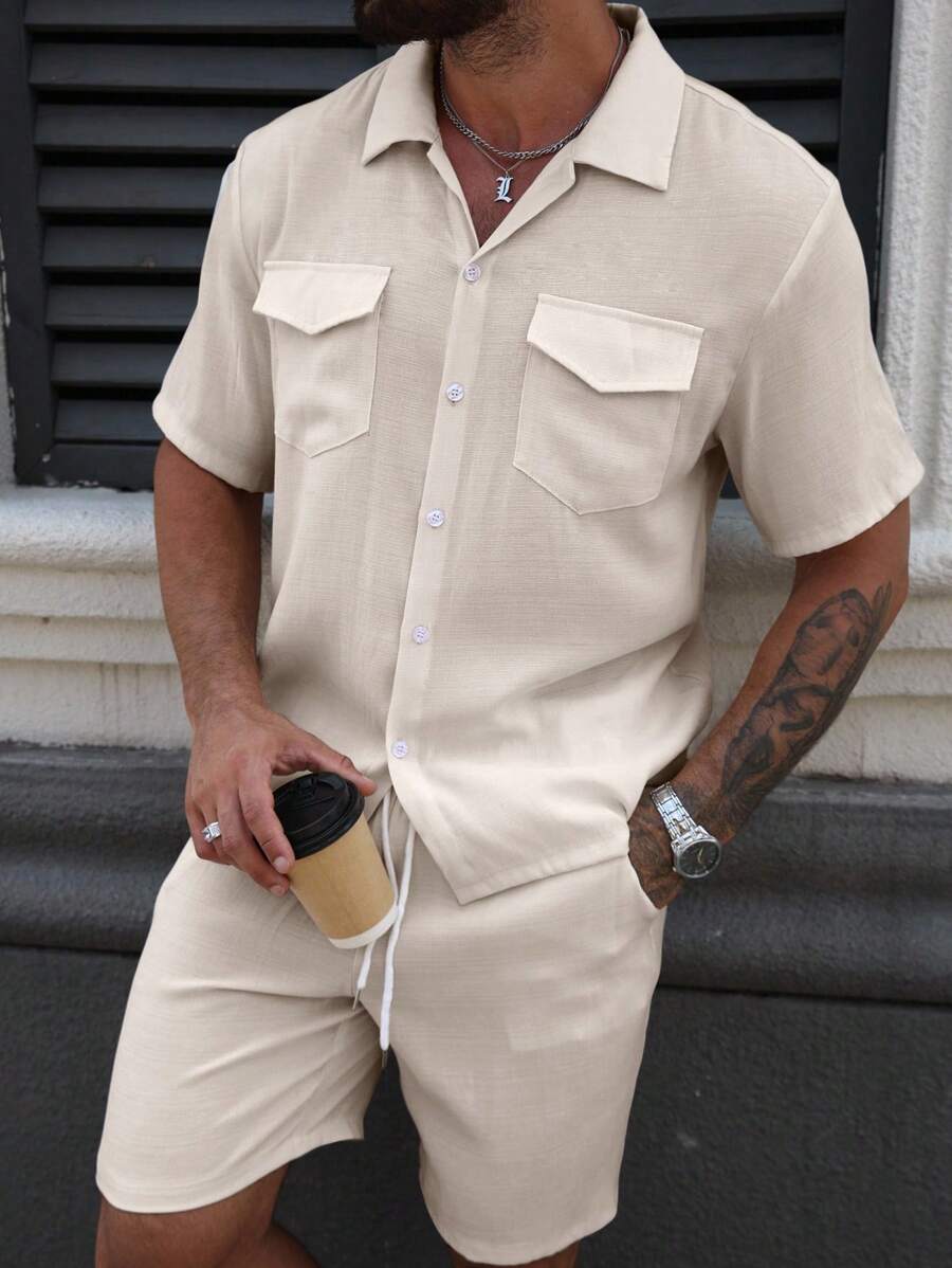 Manfinity Homme Men's Casual Solid Color Summer Cargo Pocket Short Sleeve Shirt & Shorts Set