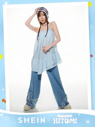 DAZY Jeans largos de pierna ancha de denim azul desgastado con cintura de encaje, adorno de lazo, estilo casual, apropiado para todas las estaciones