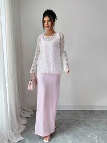Elenzga 2pcs/Set Women Floral Lace Round Neck Long Sleeve Top And Camisole Dress - Multicolor - View 3