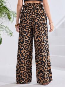 SHEIN 少女雪纺阔腿豹纹裤，休闲优雅，适合度假、休闲和百搭 - 彩色 - 查看 2