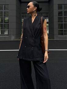 DAZY 女士夏季无袖翻领双排扣牛仔背心和宽松休闲长裤两件套服装套装，休闲牛仔套装 - 深色水洗藍 - 查看 6