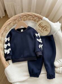 Ensemble bébé fille pull à capuche à manches longues avec nœud papillon bleu marine et pantalon à taille élastique, automne/hiver