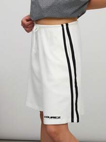 COUREZ 带品牌标志和侧条纹的运动短裤/女士夏季短裤/街头休闲/Y2K 100%纯棉复古 - 白色 - 查看 5