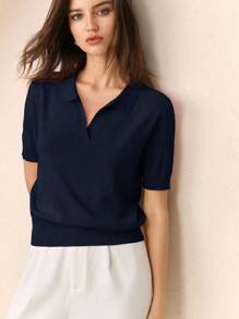 BizChic Navy Blue Polo Collar Diamond Knit Short Sleeve Pullover Sweater For Women, Basic Urban Commute Style, Simple Elegant Business Casual, Suitable For Teachers, Office Wear Fall Tops