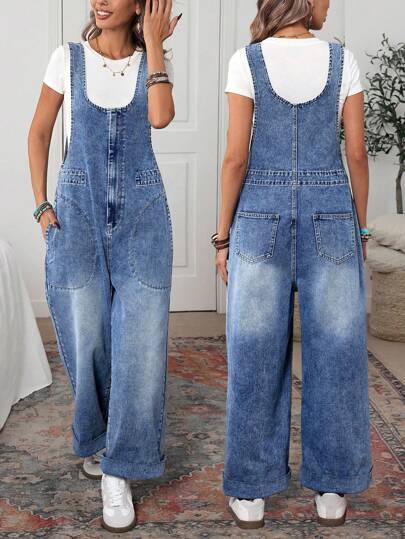 EMERY ROSE 大码女式夏季宽松无袖阔腿休闲牛仔连体裤