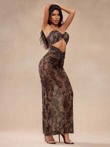 Y2Kool Maria Clara Maia Vestido largo de tubo con estampado de encaje y diseño retorcido, adecuado para festivales de música y reuniones de verano, atuendo de concierto country, ropa occidental para mujeres, atuendos de club para mujeres, vestido sexy para salir, ropa urbana para mujeres, estilo grunge punk y Y2K, ropa de vuelta al colegio para mujeres