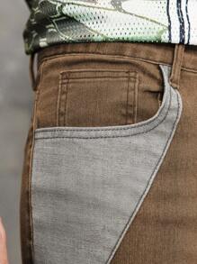 ROMWE MEN Street Life Spring Casual Graphic Men'S Casual Washed Color Block Patchwork Denim Jeans - Khaki - View 7