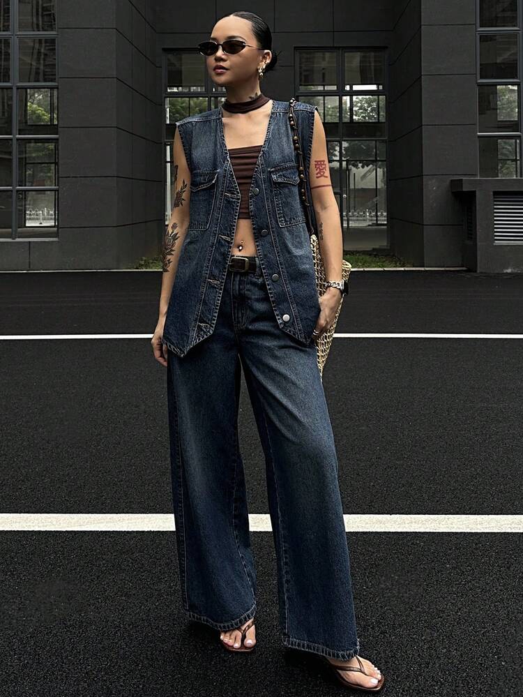 2pcs/Set Women Summer V-Neck Sleeveless Cardigan Top & Loose Casual Wide Leg Pants Denim Street Casual Suit