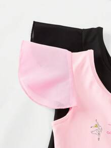 SHEIN 2 piezas Conjunto deportivo de moda para niñas, body de punto de unicolor negro y rosa, maillot gimnástico de estampado elástico, cómodo y suave