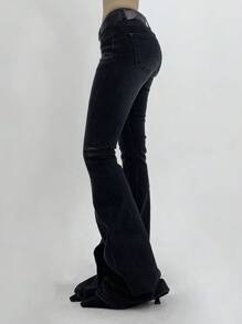 DAZY 女式时尚街头风斜插口袋修身喇叭牛仔裤低腰牛仔裤 - 黑色 - 查看 2