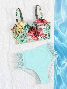 SHEIN Swim 女款夏季海灘熱帶植物印花性感比基尼泳衣套裝 (印花隨機)，附鋼圈墊高胸部 - 淺藍色 - 查看 4